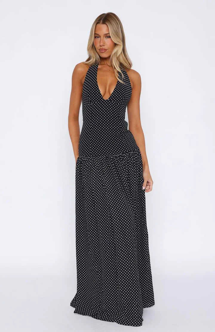 Split-waist Polka-dot Backless V-neck Dress