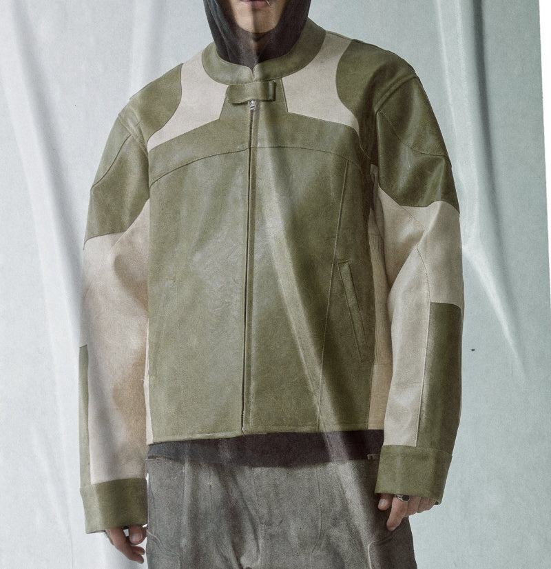 Distressed, Relaxed-fit Biker Leather Jacket