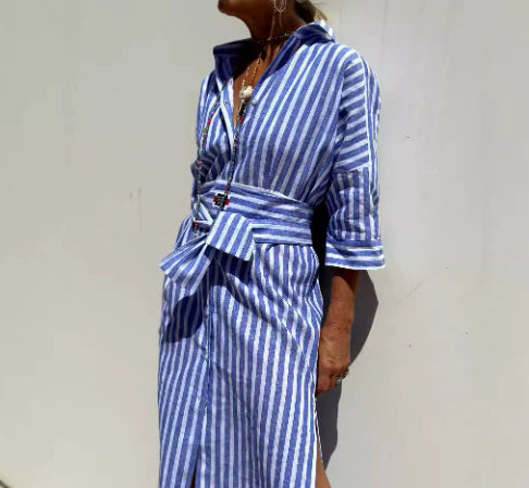 Striped Shirt Dress With Belt Fashion Half-sleeved Lapel Button Cardigan Dresses Women's Clothing