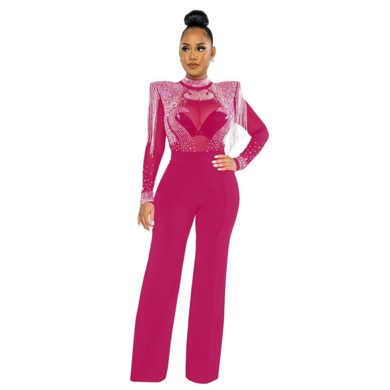 Arrival Hot-Stone Embellished Tassel-Trimmed Shoulder Design Sheer Polyester Mesh Patchwork Jumpsuit