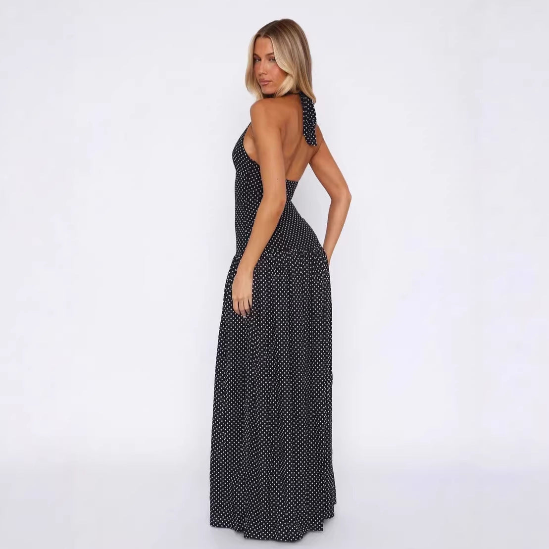 Split-waist Polka-dot Backless V-neck Dress