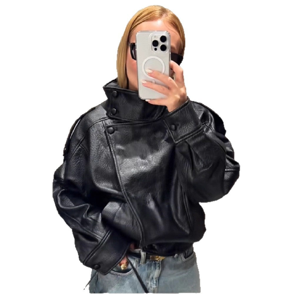 Retro Biker-Style Leather Jacket With Stand Collar Coats
