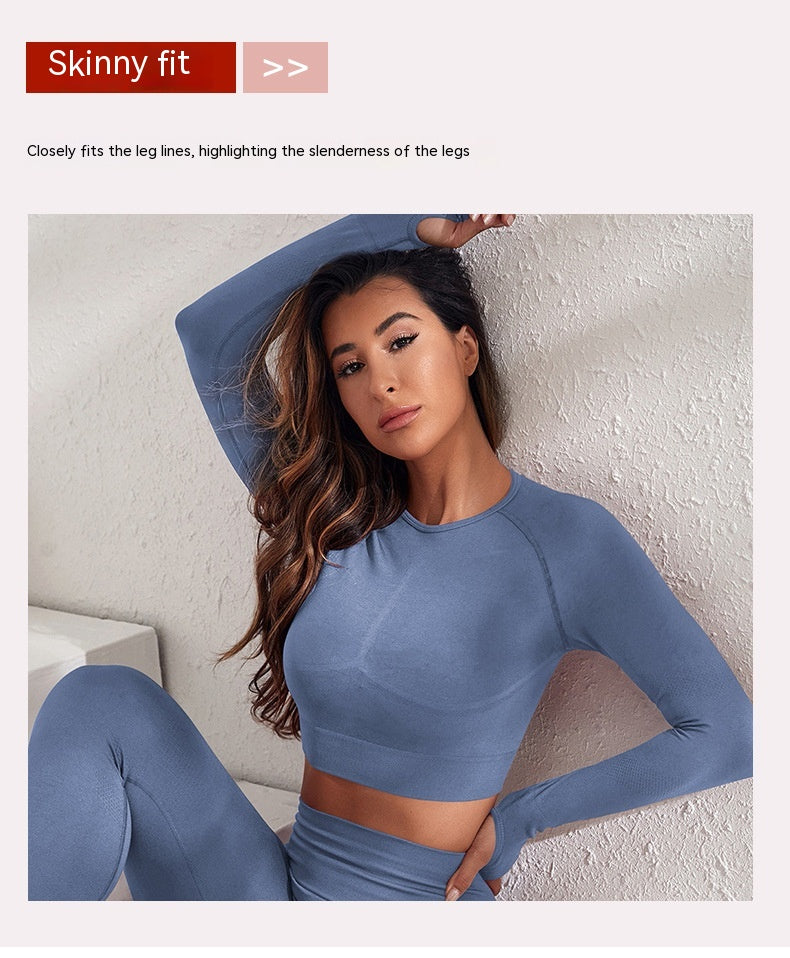 Seamless Knitted Sexy Running Sport Long Sleeve Top And Pants Multicolor Fitness Yoga Wear Suit