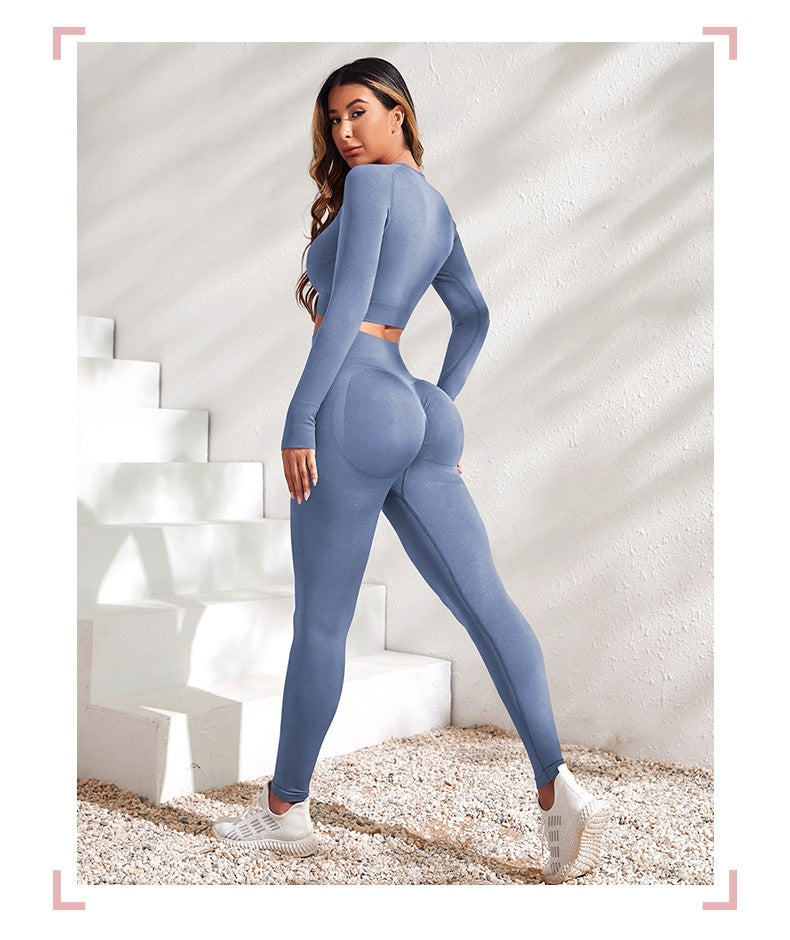 Seamless Knitted Sexy Running Sport Long Sleeve Top And Pants Multicolor Fitness Yoga Wear Suit