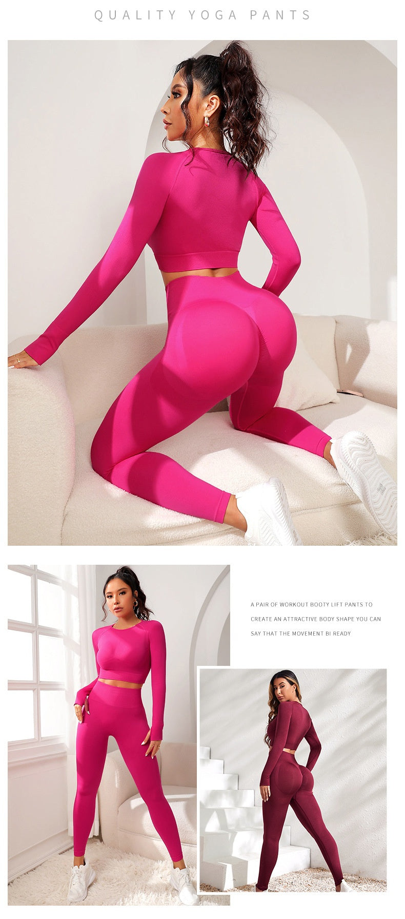 Seamless Knitted Sexy Running Sport Long Sleeve Top And Pants Multicolor Fitness Yoga Wear Suit