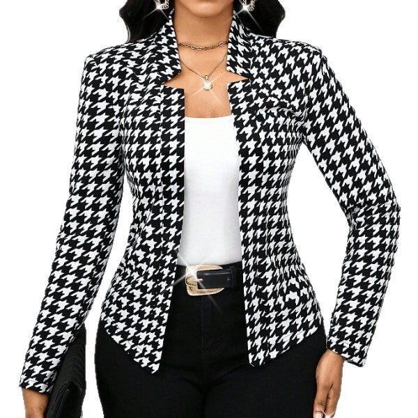 Autumn Winter Houndstooth Blazer Long-Sleeve Cardigan Coat