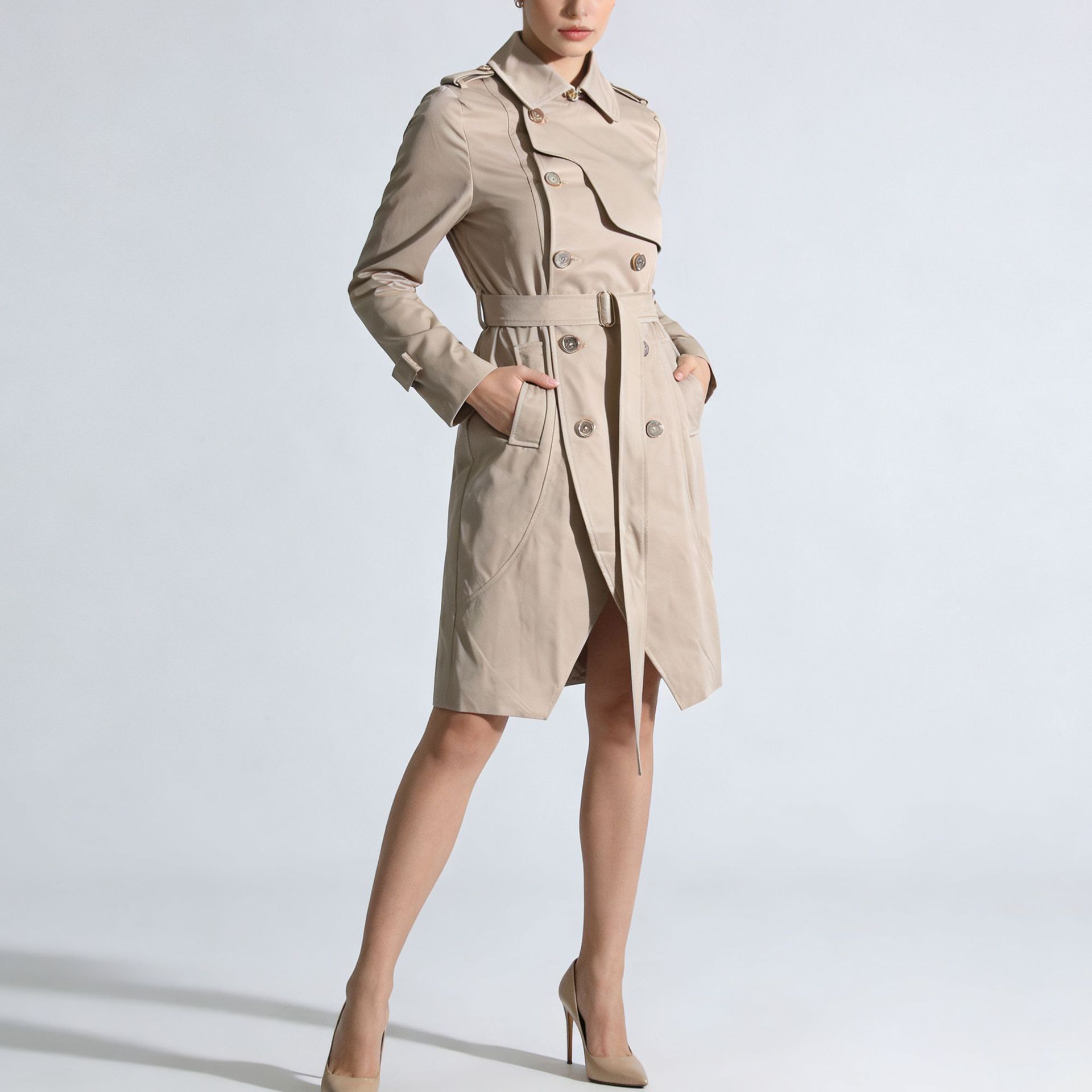 Womens Fashion Solid-Color Long-Sleeve Trench Coat With A Turn-Down Collar And Lace-Up Details