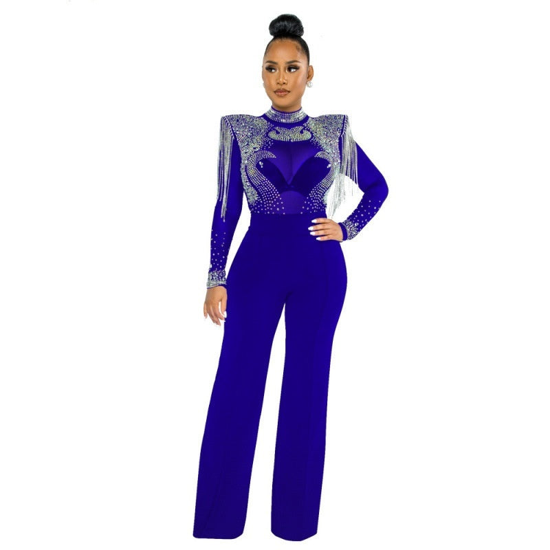 Arrival Hot-Stone Embellished Tassel-Trimmed Shoulder Design Sheer Polyester Mesh Patchwork Jumpsuit