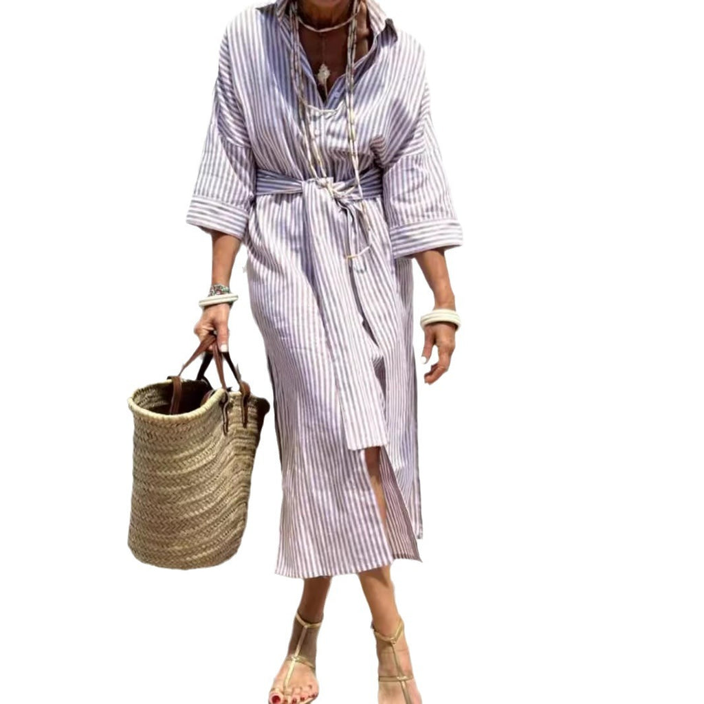 Striped Shirt Dress With Belt Fashion Half-sleeved Lapel Button Cardigan Dresses Women's Clothing