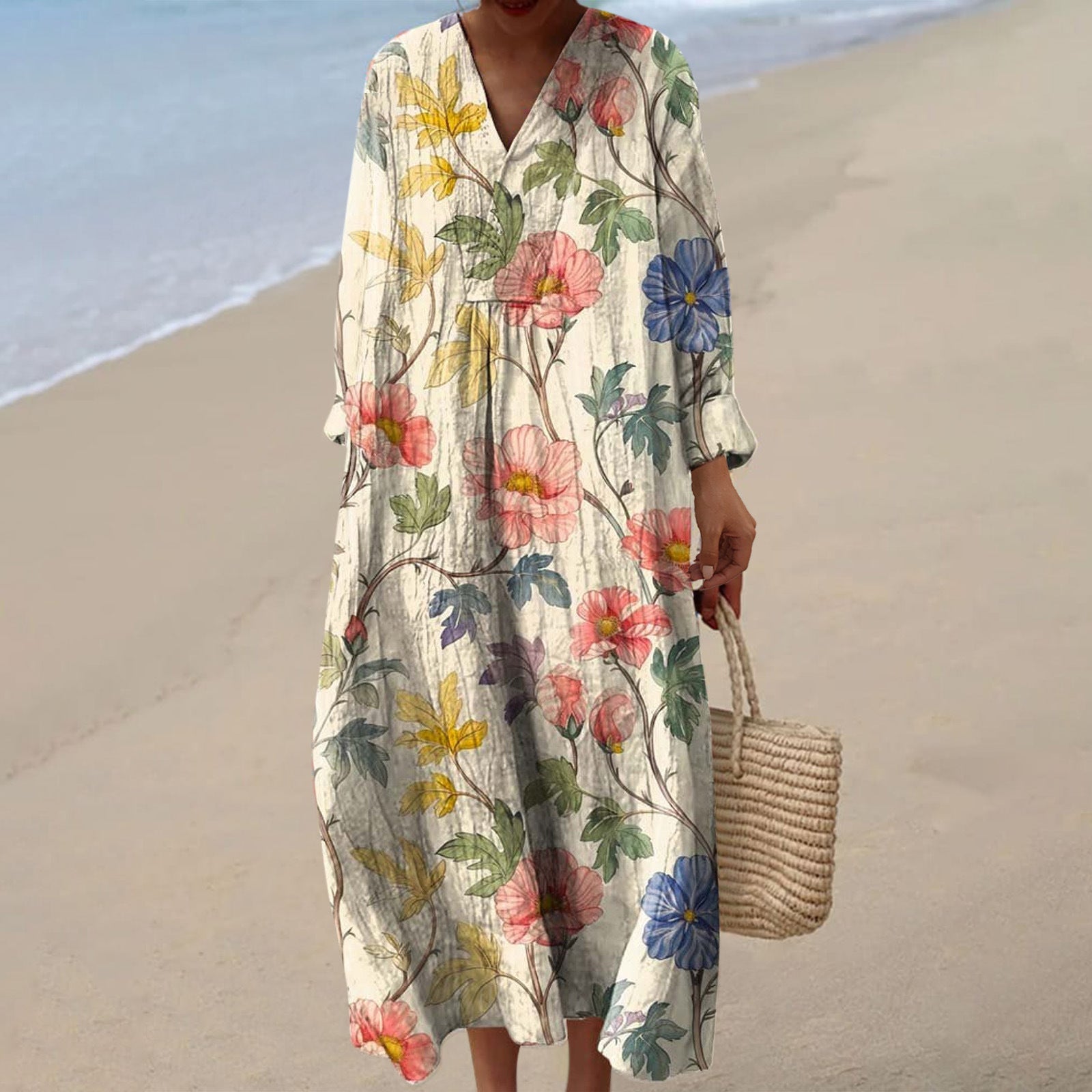 Long-sleeve Shirt  Womens Casual Floral Maxi Dress