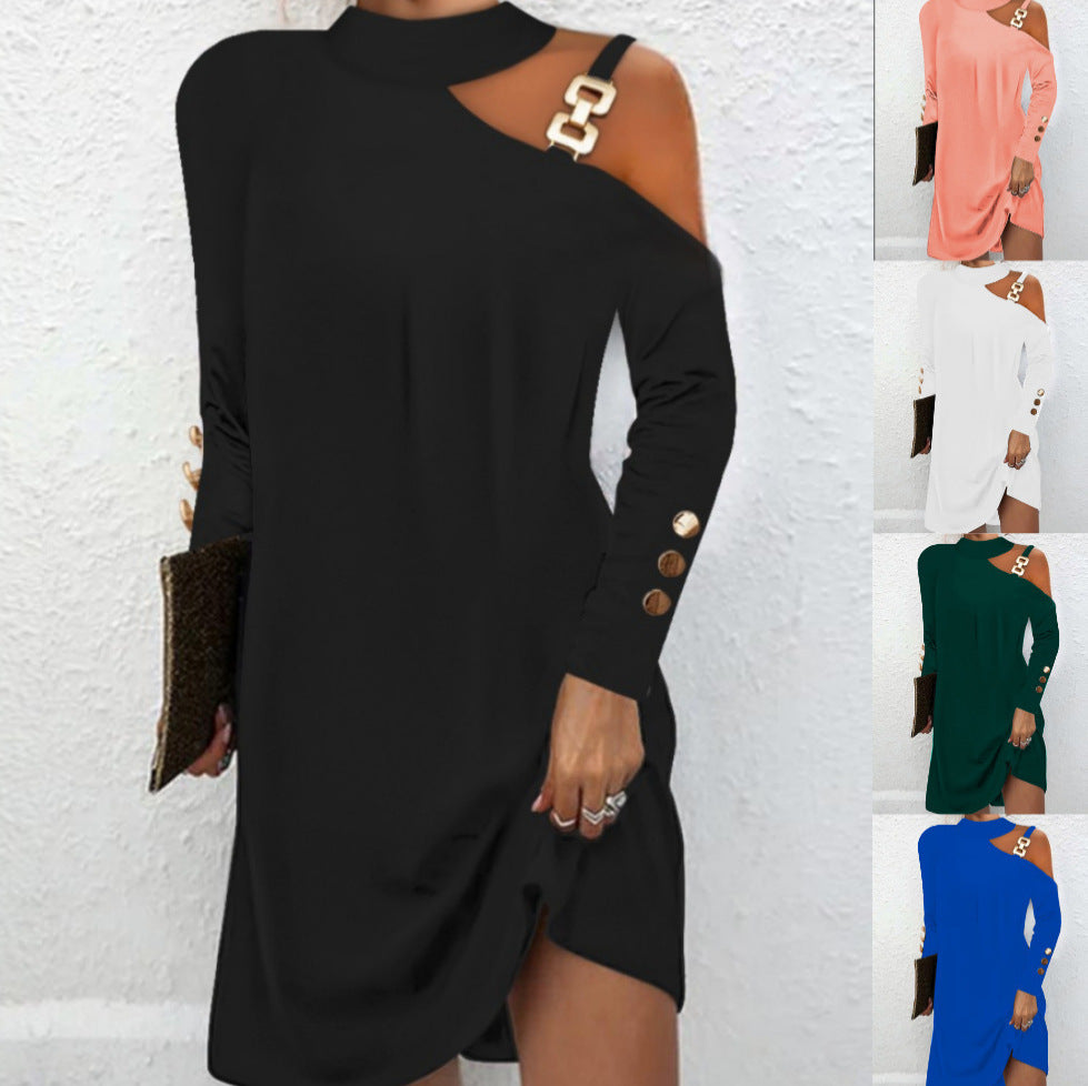 Fashion Women Solid Casual Dress Female Elegant Long Sleeve Metal Buckle Halter Neck Casual Mini Dress