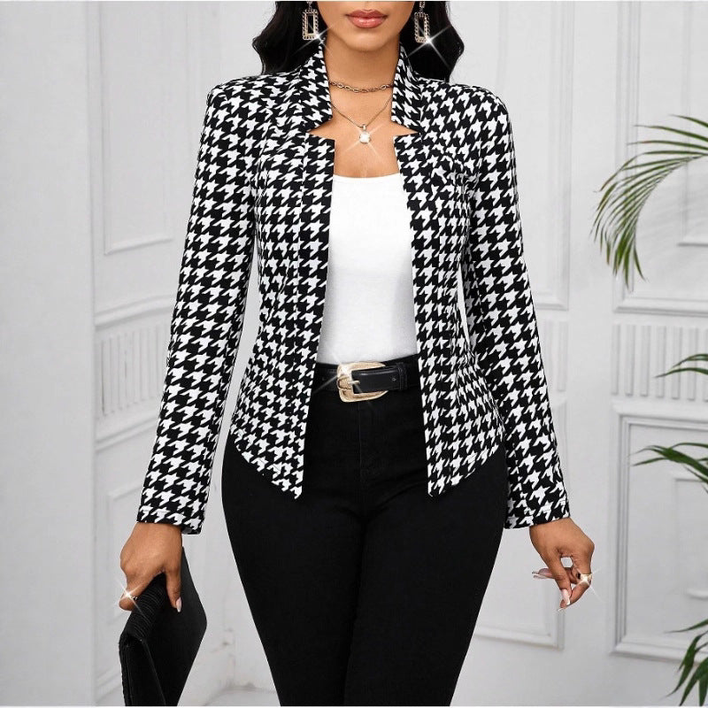 Autumn Winter Houndstooth Blazer Long-Sleeve Cardigan Coat
