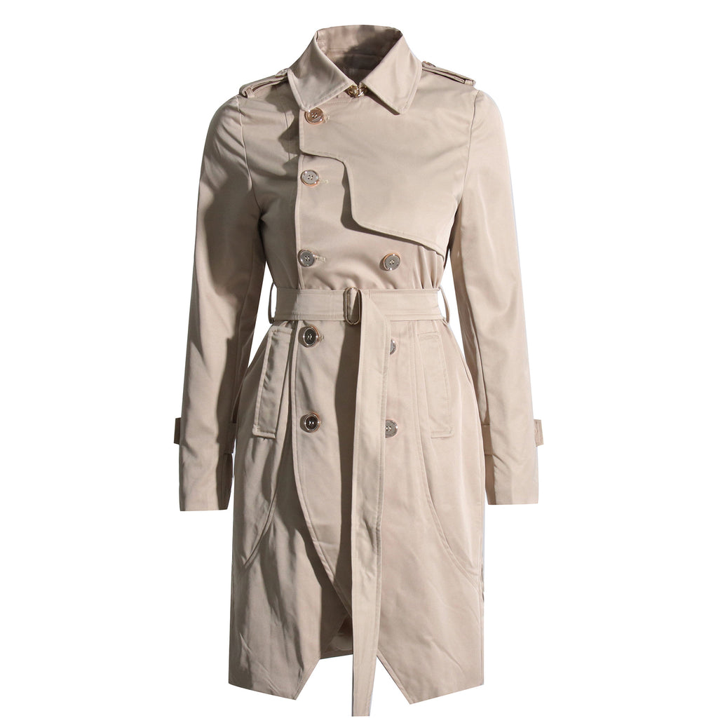 Womens Fashion Solid-Color Long-Sleeve Trench Coat With A Turn-Down Collar And Lace-Up Details