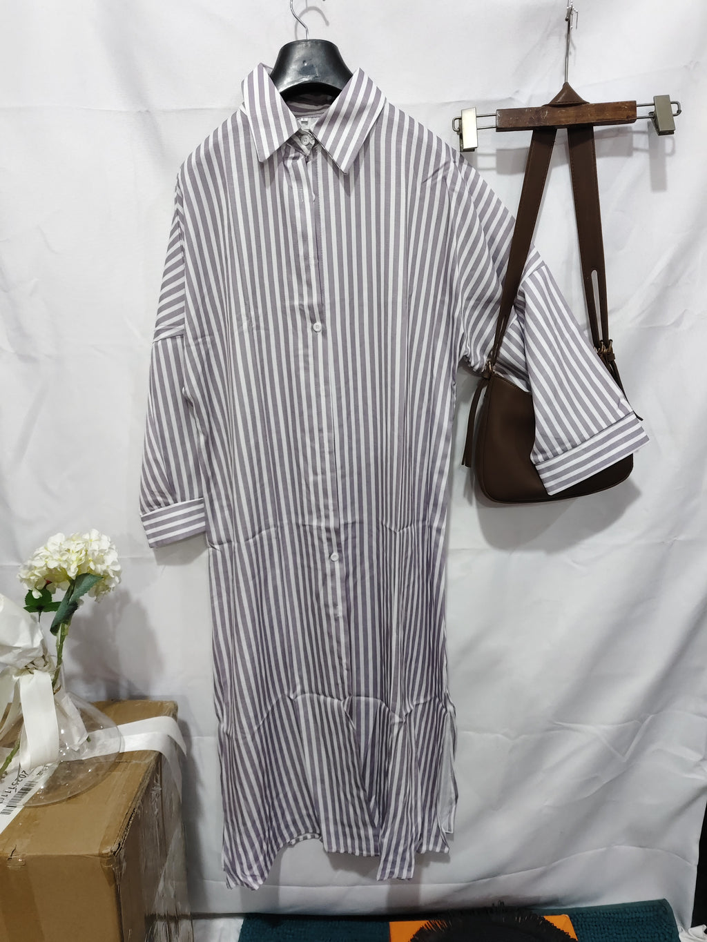 Striped Shirt Dress With Belt Fashion Half-sleeved Lapel Button Cardigan Dresses Women's Clothing