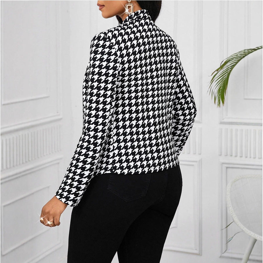 Autumn Winter Houndstooth Blazer Long-Sleeve Cardigan Coat