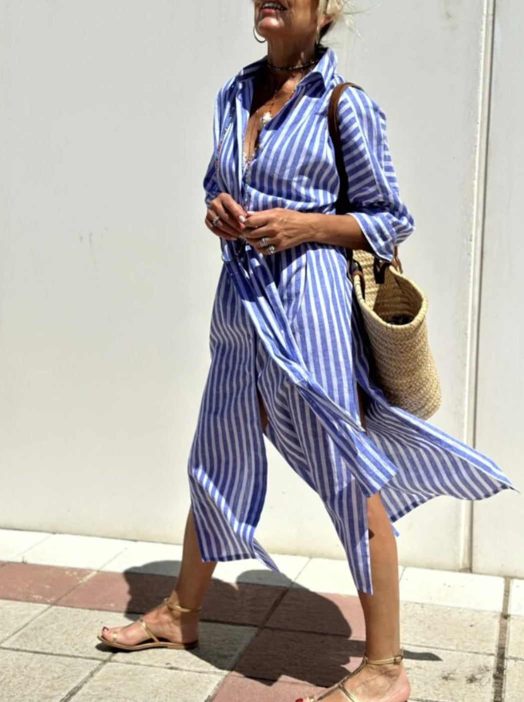 Striped Shirt Dress With Belt Fashion Half-sleeved Lapel Button Cardigan Dresses Women's Clothing
