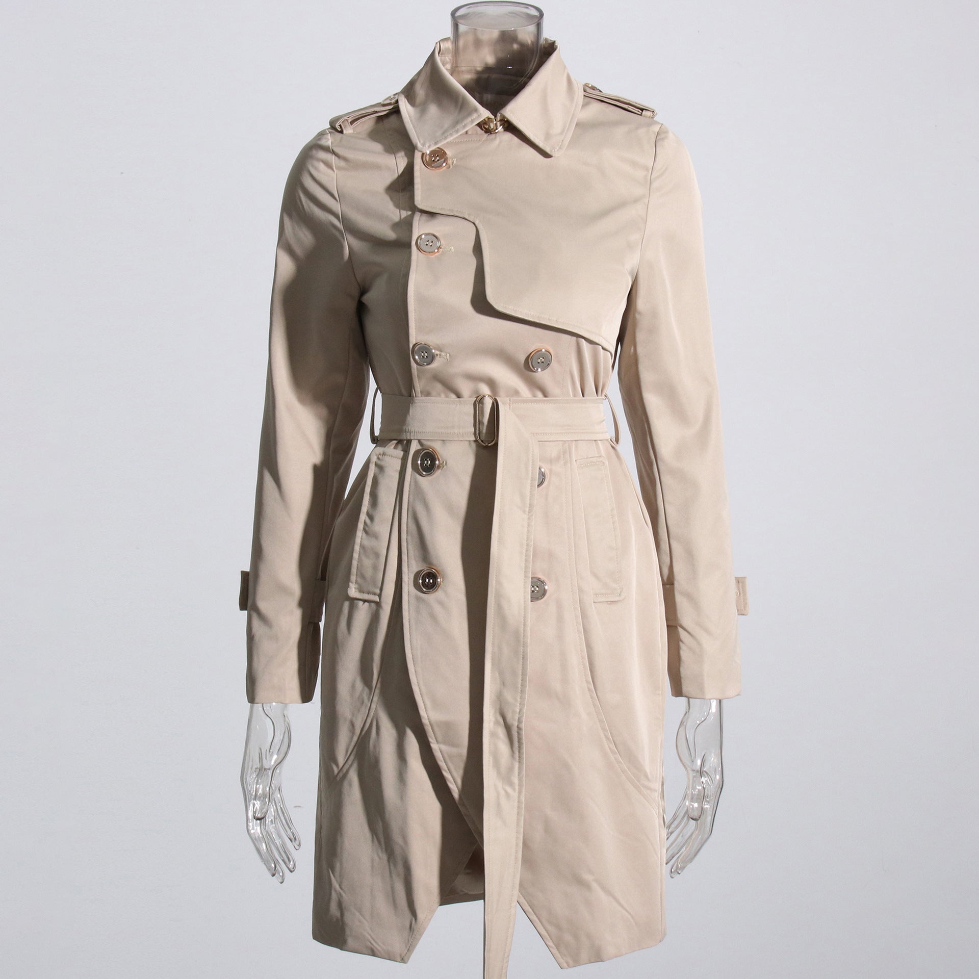 Womens Fashion Solid-Color Long-Sleeve Trench Coat With A Turn-Down Collar And Lace-Up Details