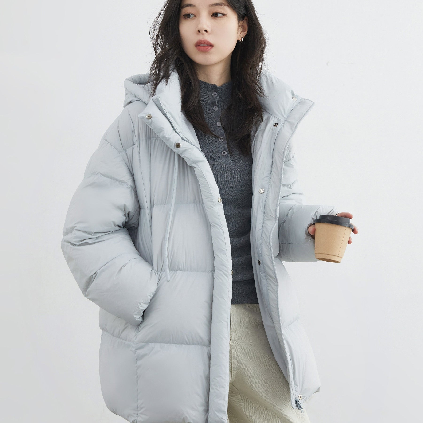 Mid-length 90 White Duck Down Puffer Coat With Hood Three-proof Jacket