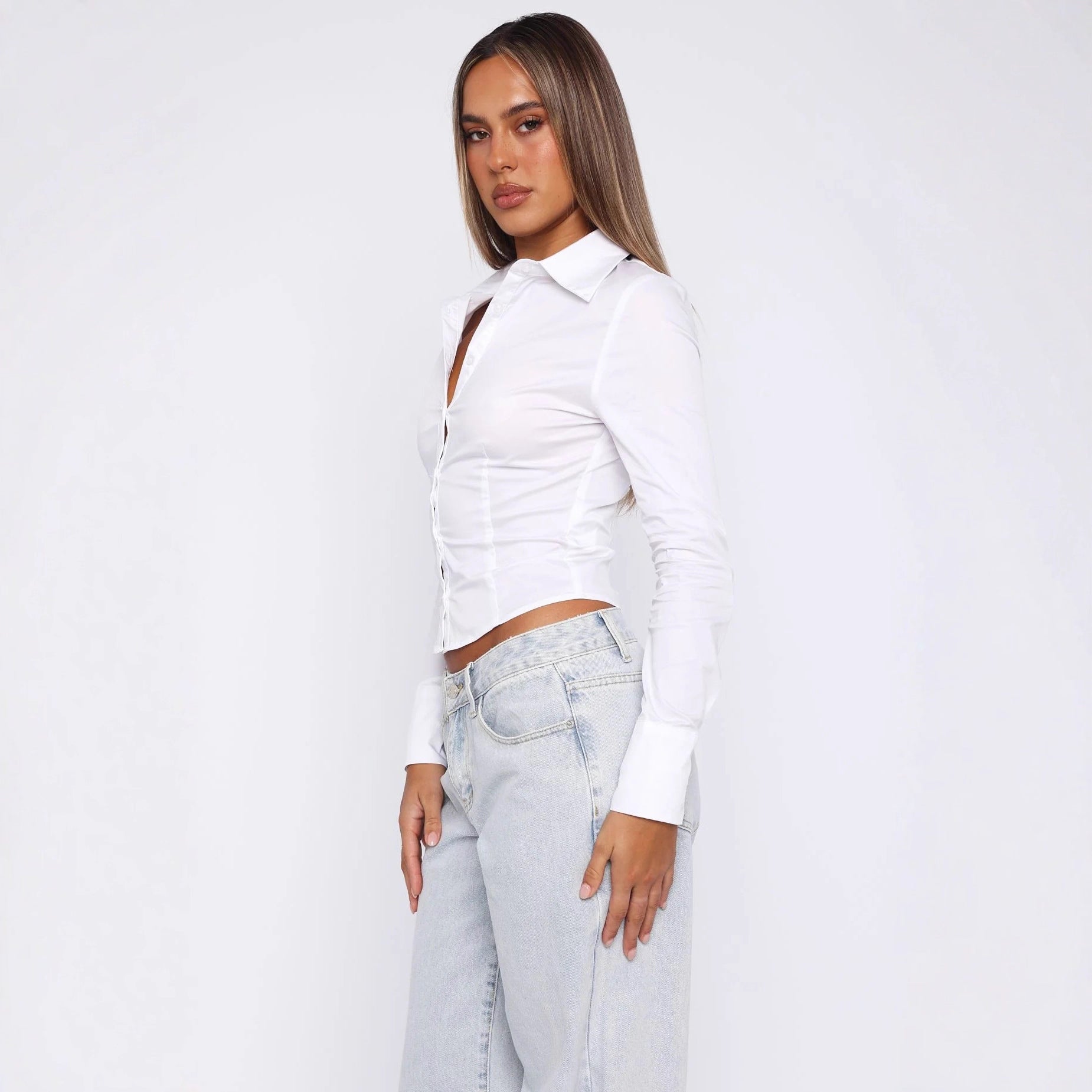 Womens Top Solid Color Slim-fit Ladies Long-sleeve  Elegant