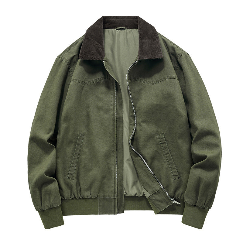 Spring And Autumn Washed Denim Work Jacket With Lapel For Young Men