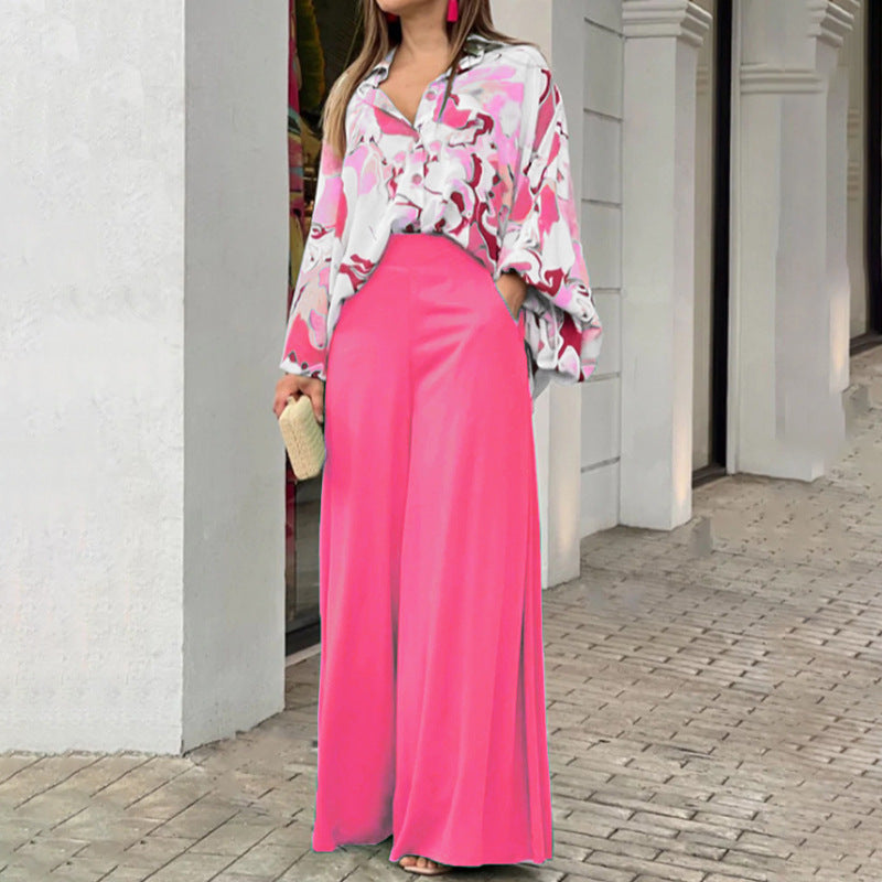 Flowers Print Suits Fashion Casual Button-up Long-sleeved Shirt And Wide-leg Pants Loose Beach Trousers Set