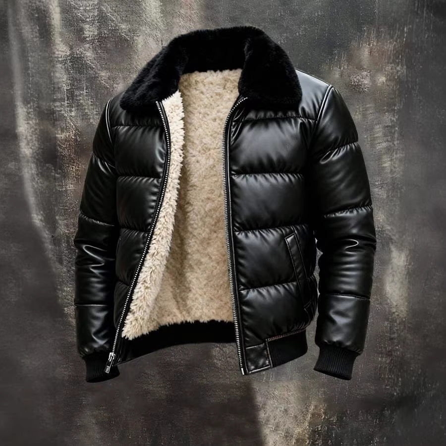 Motorcycle Leather Jacket With A Sheepskin Lapel