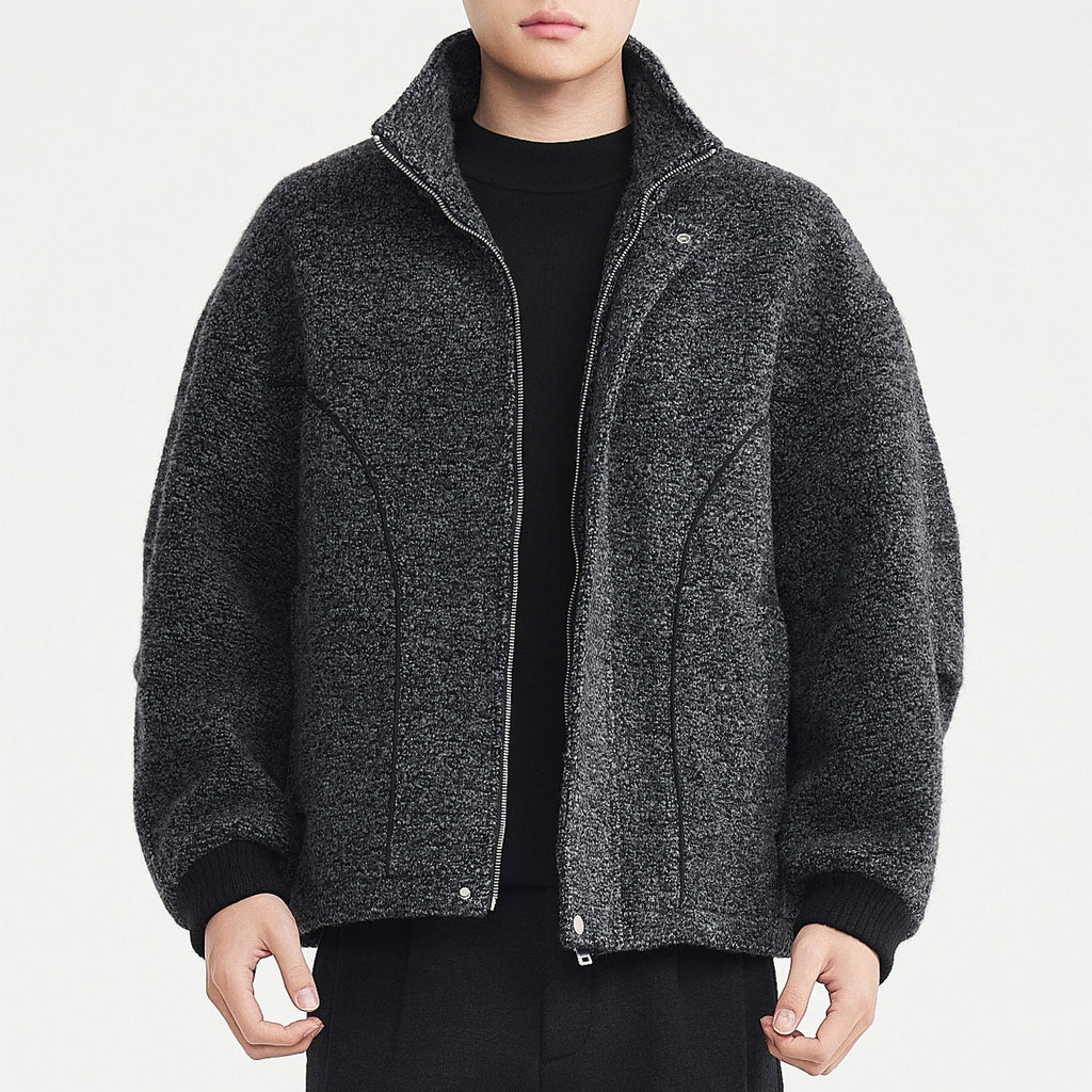 Mens Mixed-Color Wool Circle-Weave Overcoat With A Stand-Up Collar